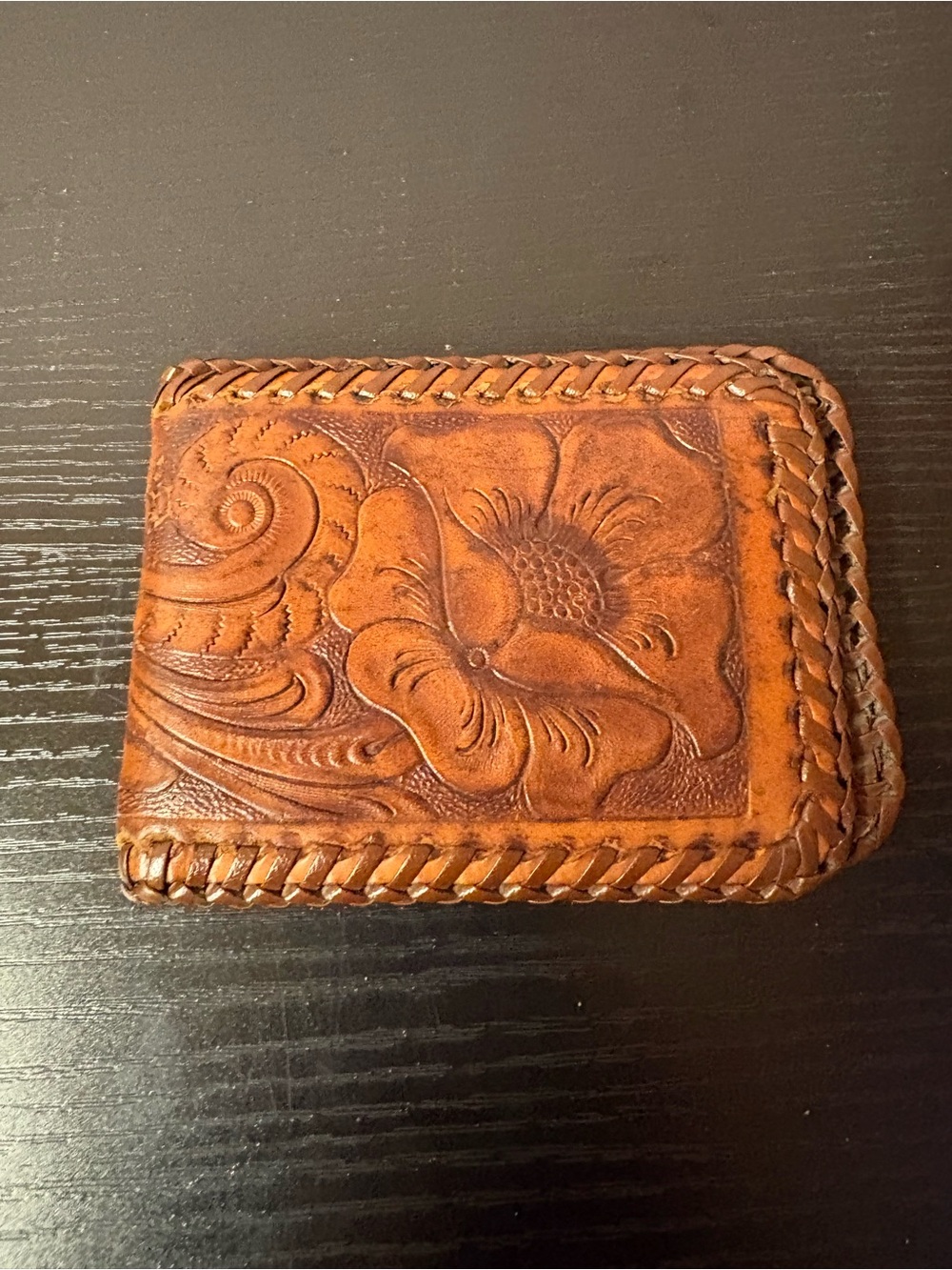 Hand Tooled Brown Leather Bifold Wallet Floral Western Braided Edge